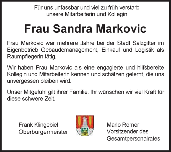Traueranzeige von Sandra Markovic von Salzgitter-Zeitung