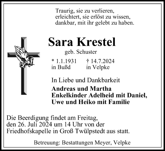 Traueranzeige von Sara Krestel von Wolfsburger Nachrichten