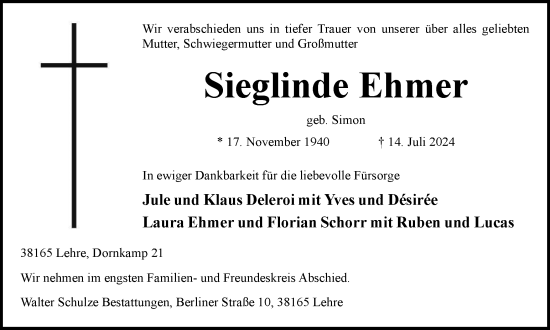 Traueranzeige von Sieglinde Ehmer von Braunschweiger Zeitung, Wolfsburger Nachrichten