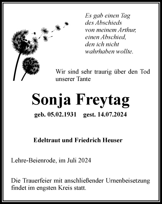 Traueranzeige von Sonja Freytag von Helmstedter Nachrichten