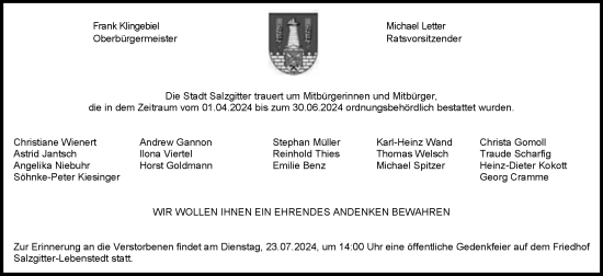 Traueranzeige von Stadt Salzgitter  von Salzgitter-Zeitung