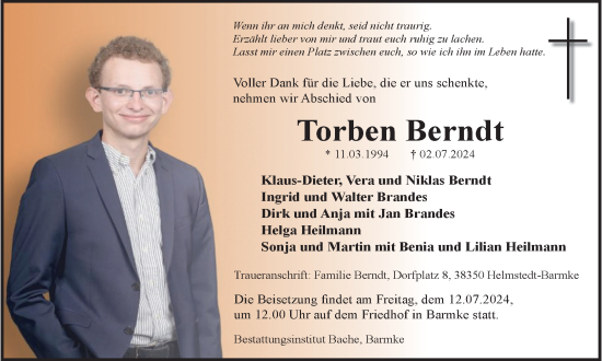 Traueranzeige von Torben Berndt von Braunschweiger Zeitung