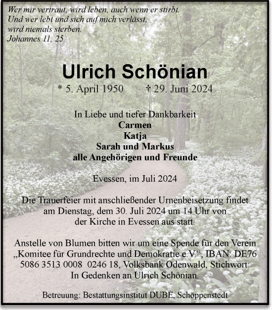 Traueranzeige von Ulrich Schönian von Braunschweiger Zeitung