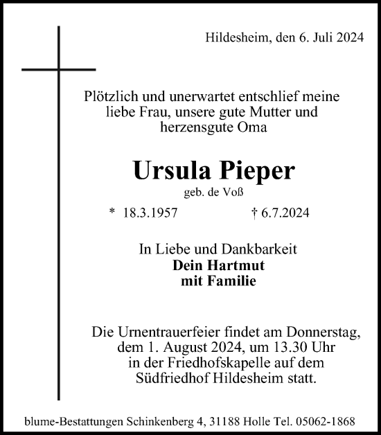 Traueranzeige von Ursula Pieper von Peiner Nachrichten