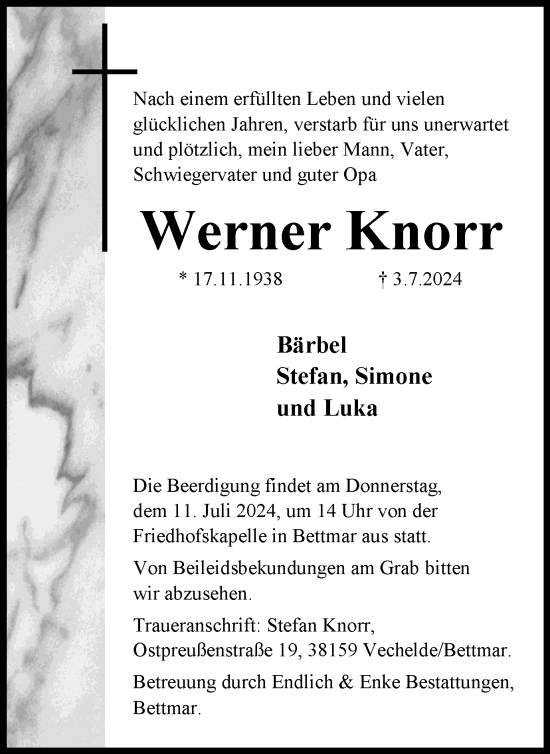 Traueranzeige von Werner Knorr von Peiner Nachrichten