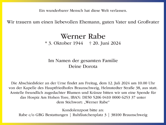 Traueranzeige von Werner Rabe von Braunschweiger Zeitung
