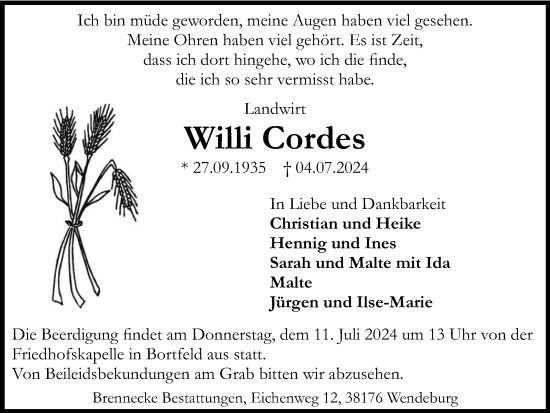 Traueranzeige von Willi Cordes von Peiner Nachrichten