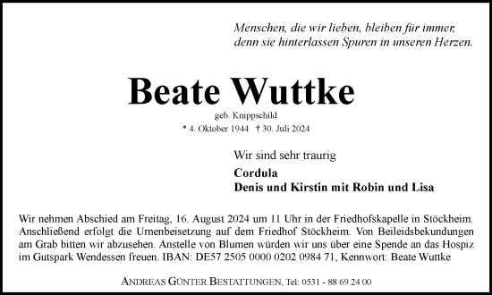 Traueranzeige von Beate Wuttke von Braunschweiger Zeitung