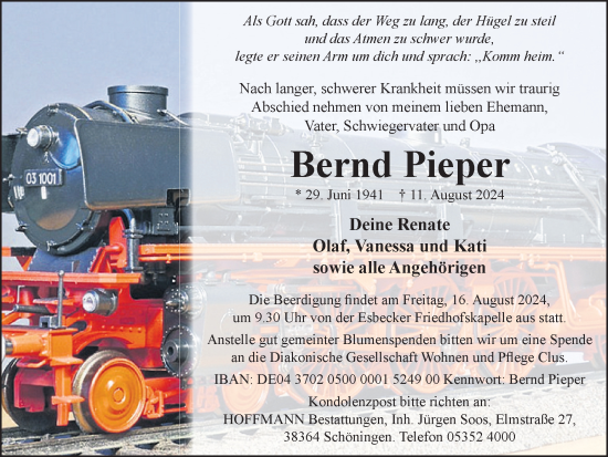 Traueranzeige von Bernd Pieper von Helmstedter Nachrichten
