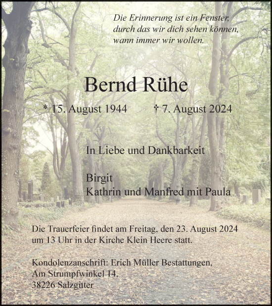 Traueranzeige von Bernd Rühe von Salzgitter-Zeitung