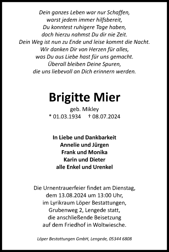 Traueranzeige von Brigitte Mier von Peiner Nachrichten