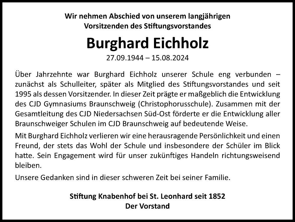  Traueranzeige für Burghard Eichholz vom 24.08.2024 aus Braunschweiger Zeitung