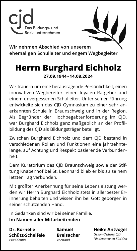  Traueranzeige für Burghard Eichholz vom 24.08.2024 aus Braunschweiger Zeitung