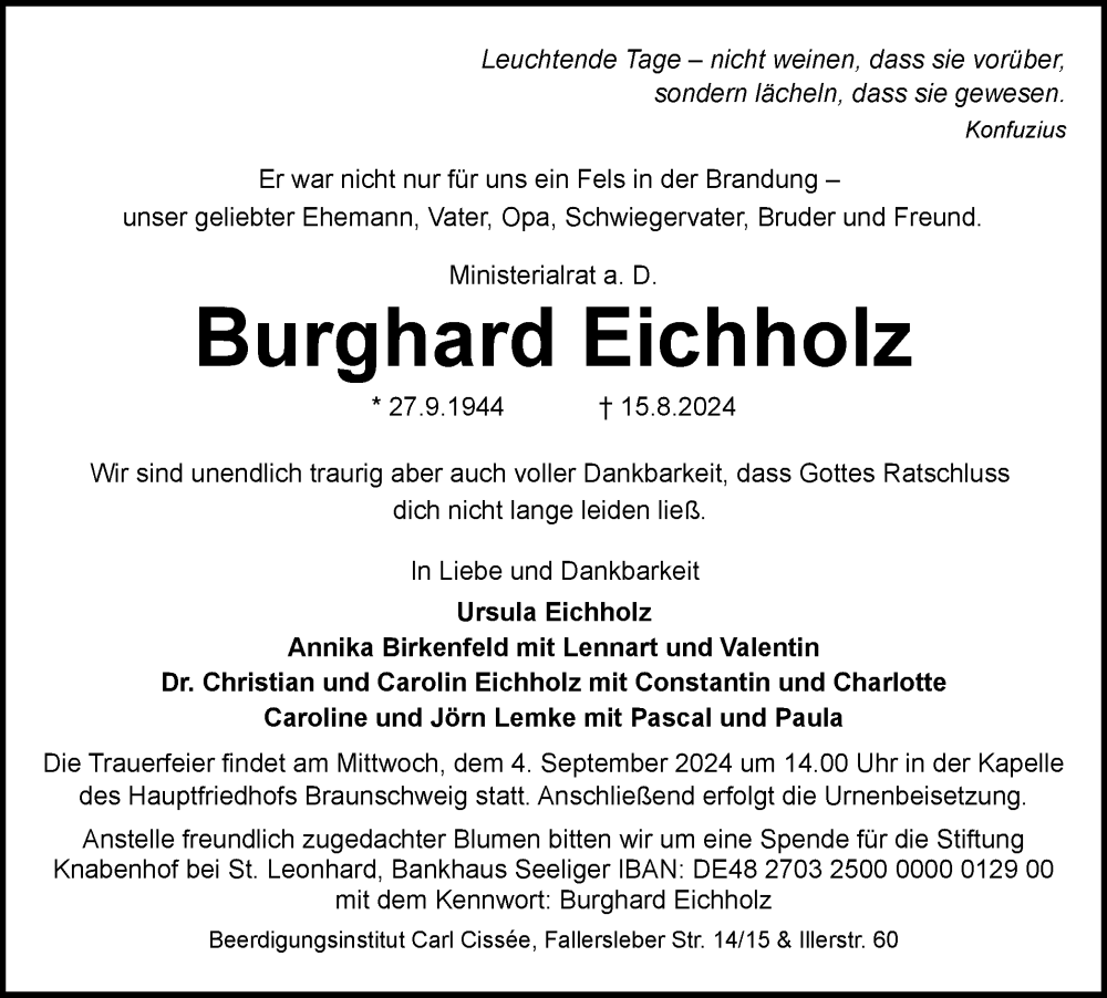  Traueranzeige für Burghard Eichholz vom 24.08.2024 aus Braunschweiger Zeitung