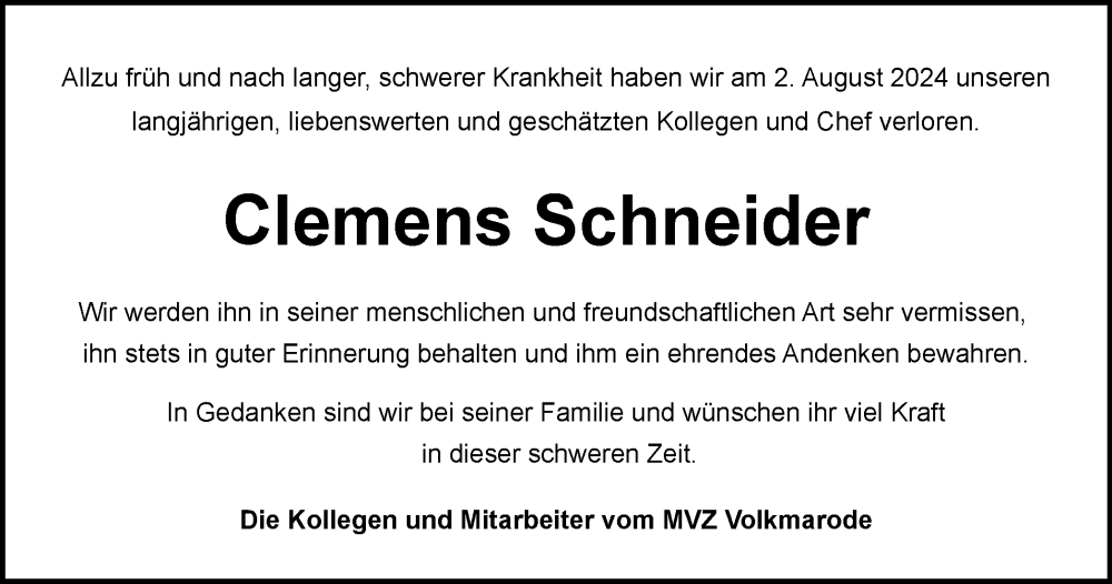  Traueranzeige für Clemens Schneider vom 10.08.2024 aus Braunschweiger Zeitung