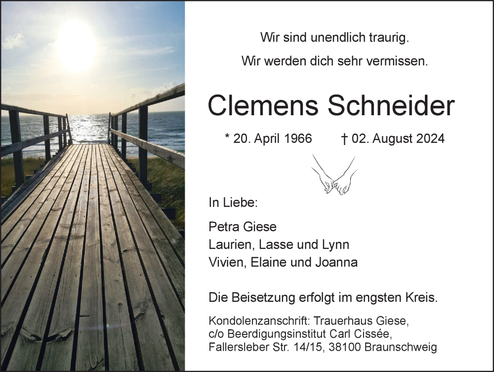  Traueranzeige für Clemens Schneider vom 10.08.2024 aus Braunschweiger Zeitung