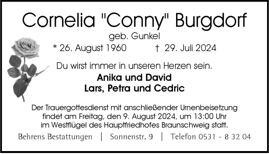Traueranzeige von Cornelia Burgdorf von Braunschweiger Zeitung