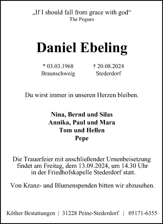 Traueranzeige von Daniel Ebeling von Peiner Nachrichten