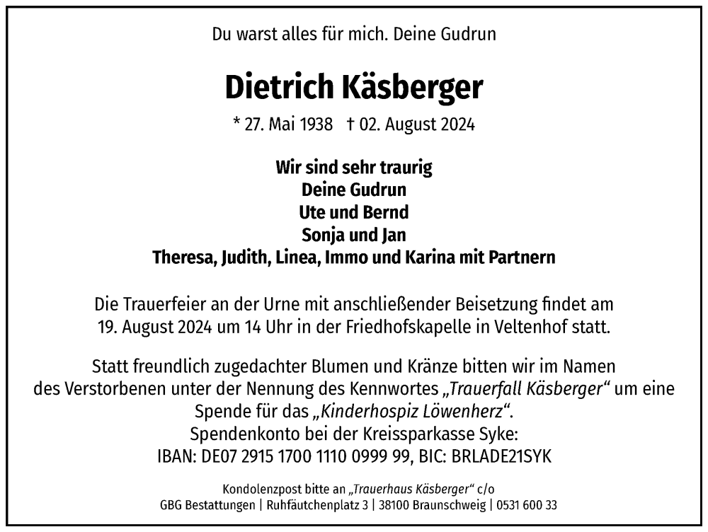  Traueranzeige für Dietrich Käsberger vom 10.08.2024 aus Braunschweiger Zeitung