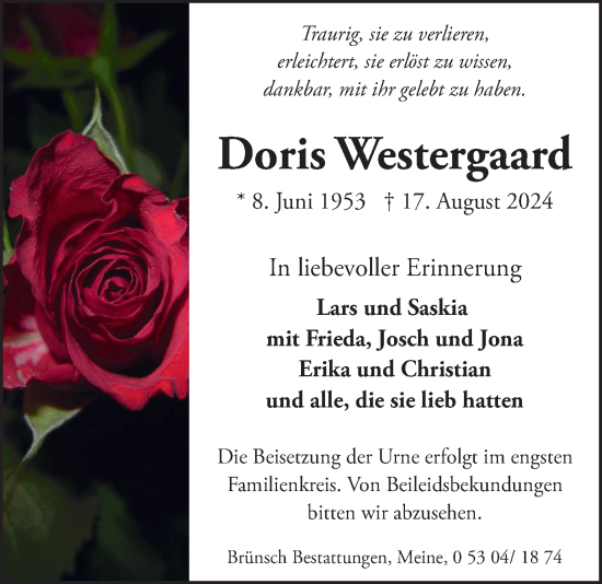 Traueranzeige von Doris Westergaard von Wolfsburger Nachrichten
