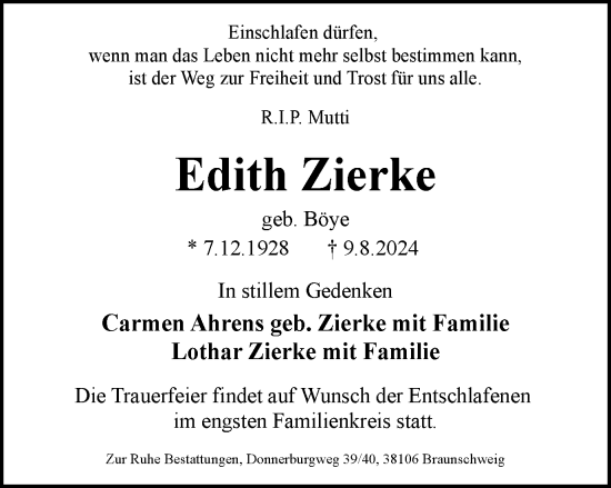 Traueranzeige von Edith Zierke von Braunschweiger Zeitung