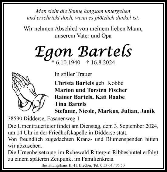 Traueranzeige von Egon Bartels von Wolfsburger Nachrichten