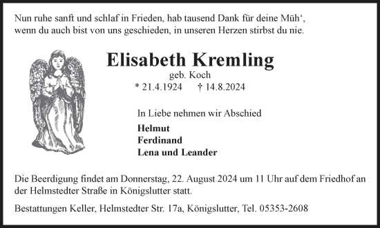 Traueranzeige von Elisabeth Kremling von Helmstedter Nachrichten