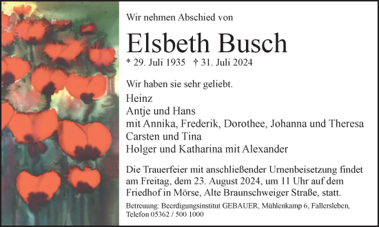 Traueranzeige von Elsbeth Busch von Wolfsburger Nachrichten