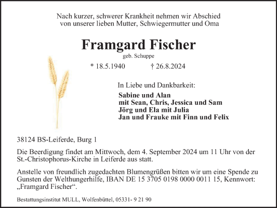 Traueranzeige von Framgard Fischer von Braunschweiger Zeitung