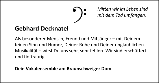 Traueranzeige von Gebhard Decknatel von Braunschweiger Zeitung