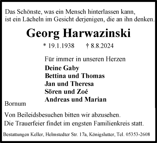 Traueranzeige von Georg Harwazinski von Helmstedter Nachrichten