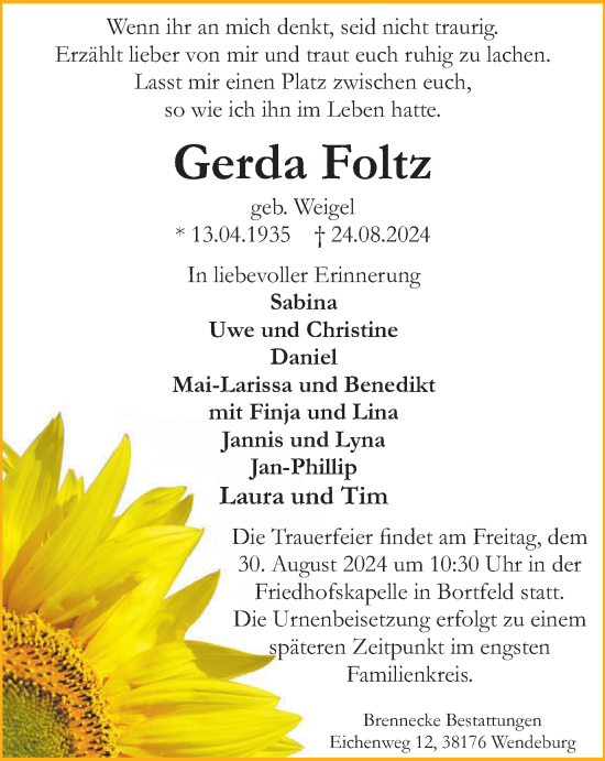 Traueranzeige von Gerda Foltz von Peiner Nachrichten