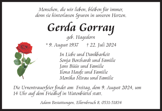Traueranzeige von Gerda Gorray von Braunschweiger Zeitung