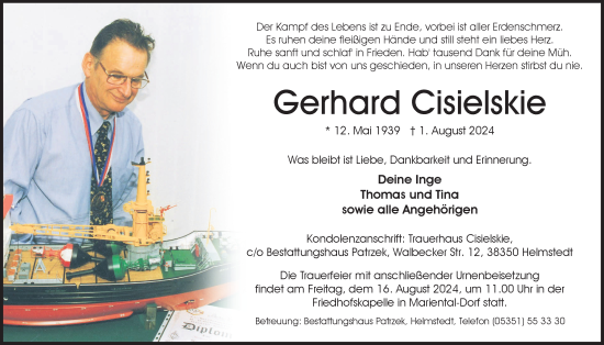 Traueranzeige von Gerhard Cisielskie von Helmstedter Nachrichten