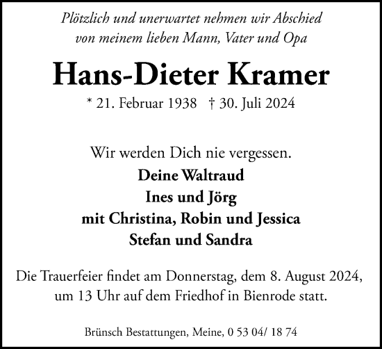 Traueranzeige von Hans-Dieter Kramer von Braunschweiger Zeitung