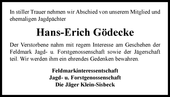 Traueranzeige von Hans-Erich Gödecke von Helmstedter Nachrichten