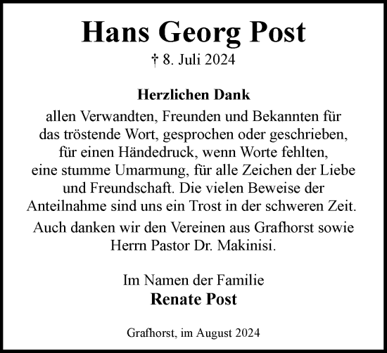 Traueranzeige von Hans Georg Post von Helmstedter Nachrichten