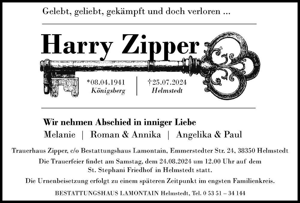  Traueranzeige für Harry Zipper vom 10.08.2024 aus Helmstedter Nachrichten