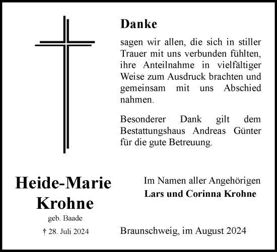 Traueranzeige von Heide-Marie Krohne von Braunschweiger Zeitung