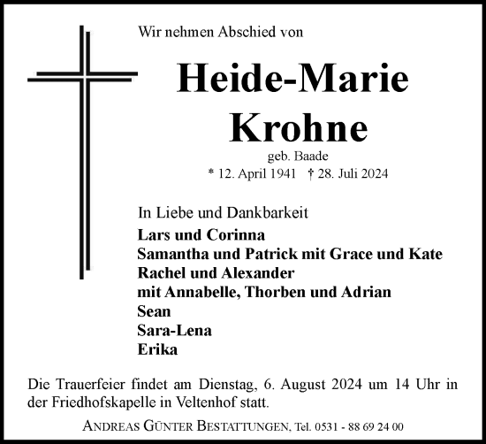 Traueranzeige von Heide-Marie Krohne von Braunschweiger Zeitung