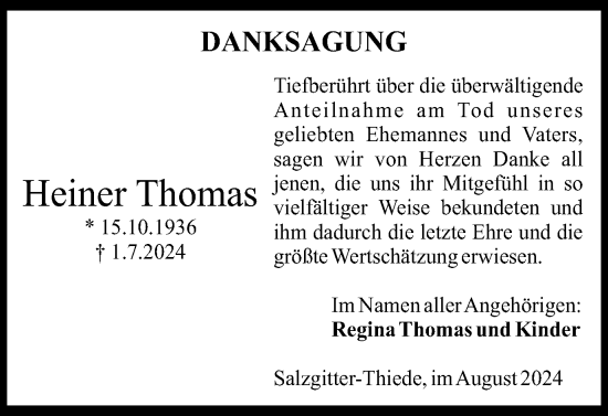 Traueranzeige von Heiner Thomas von Salzgitter-Zeitung