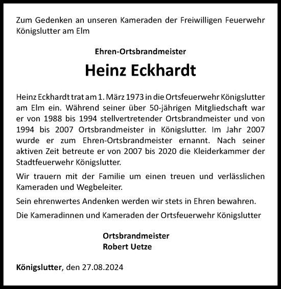 Traueranzeige von Heinz Eckhardt von Helmstedter Nachrichten
