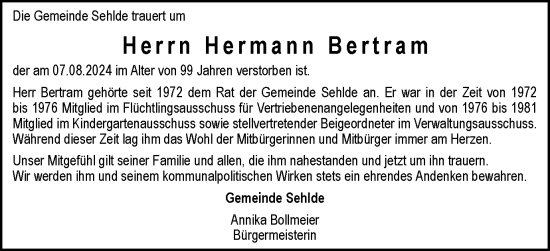 Traueranzeige von Hermann Bertram von Salzgitter-Zeitung