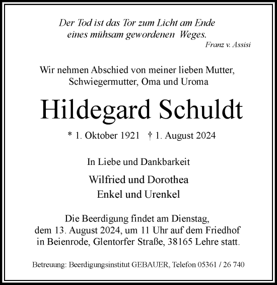 Traueranzeige von Hildegard Schuldt von Wolfsburger Nachrichten
