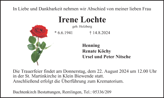 Traueranzeige von Irene Lochte von Braunschweiger Zeitung