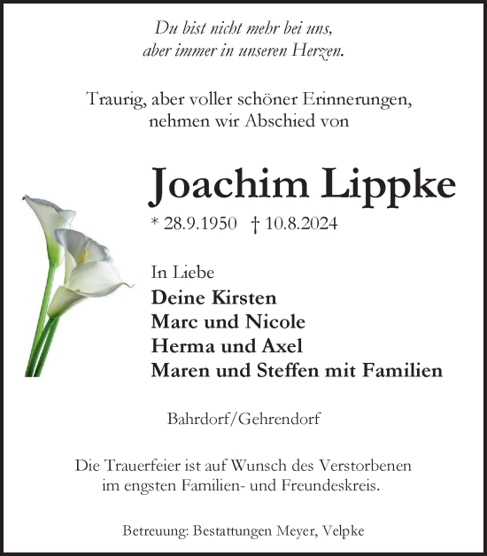Traueranzeige von Joachim Lippke von Helmstedter Nachrichten