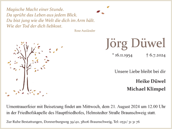 Traueranzeige von Jörg Düwel von Braunschweiger Zeitung