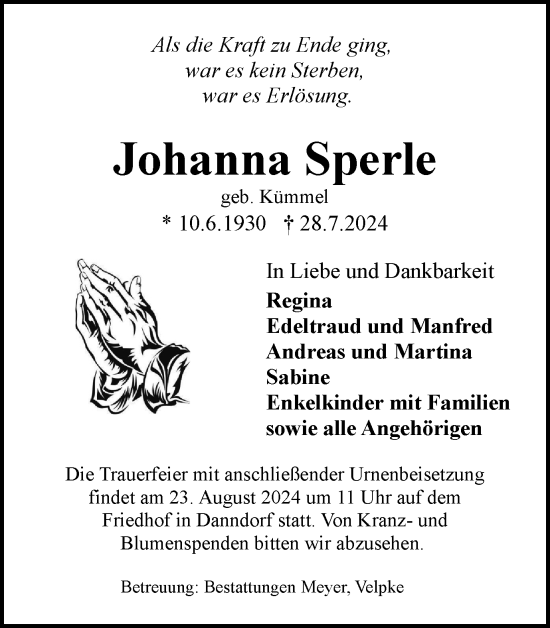 Traueranzeige von Johanna Sperle von Wolfsburger Nachrichten