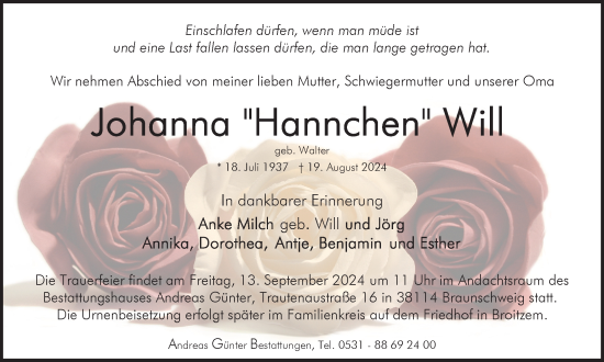 Traueranzeige von Johanna Will von Braunschweiger Zeitung