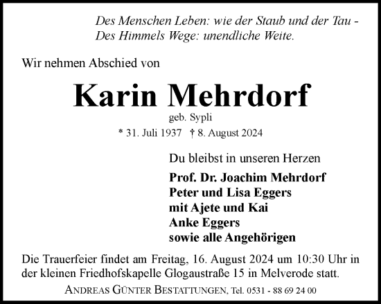 Traueranzeige von Karin Mehrdorf von Braunschweiger Zeitung